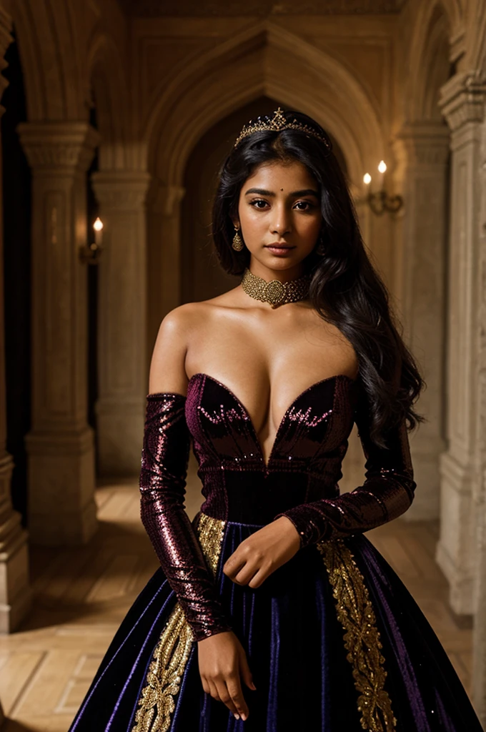 South asian girl in a renaissance castle. She is wearing a long sequin ball gown with velvet opera gloves