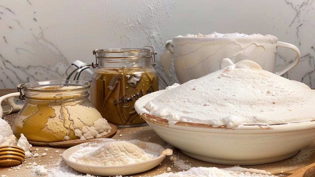 there are a lot of ingredients that are on a table, ingredients on the table, covered in white flour, recipe, strange ingredients on the table, flour dust, honey, white, white clay, alchemical still made from clay, outstanding detail, homemade, exploitable image, creating a soft, flour dust spray, clean face and body skin, highly rendered