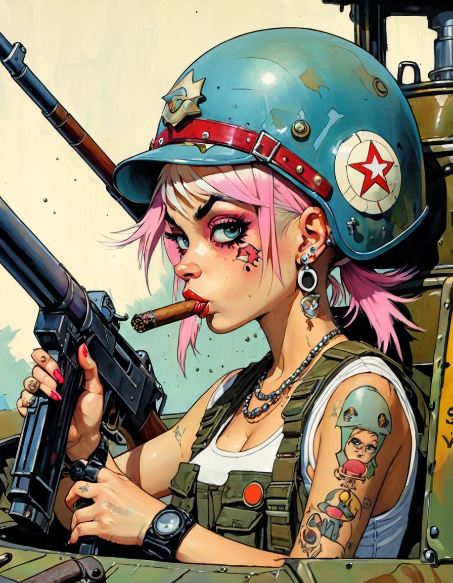 tank girl character, military helmet, cigar, piercings, shotgun, in a tank, (art inspired by Skottie Young and Bill Sienkiewicz). oil painting)