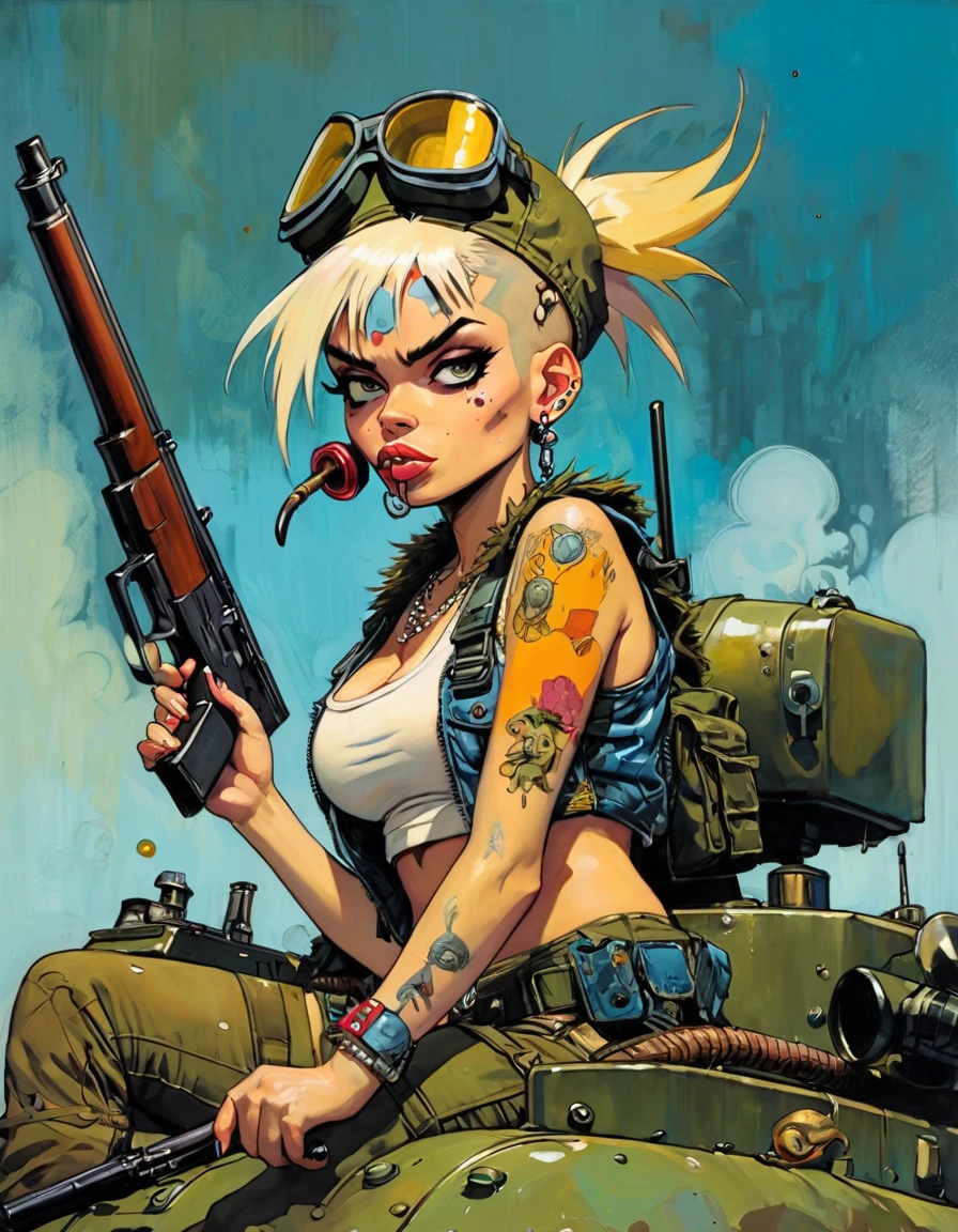 tank girl character, military helmet, cigar, piercings, shotgun, in a tank, (art inspired by Skottie Young and Bill Sienkiewicz). oil painting)