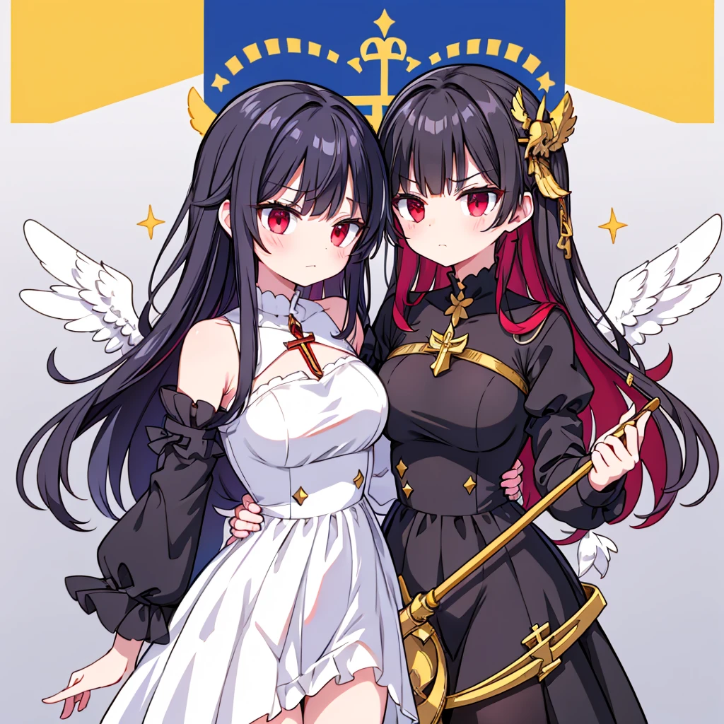 flagmaker, medieval knight group, the flag representing Crucifixus, Experrectus, Reanimatus or The Crucified, The Awakened, And The Reanimated, the flags' colors consist of black, red, white, gold and silver. The flag consists of one angel holding a staff, the angel has a golden cross on the front of her dress. the angel wears a black dress with red small red stripes on the sleeves. the angel is angry. the angel has black hair. the angel has large white wings.