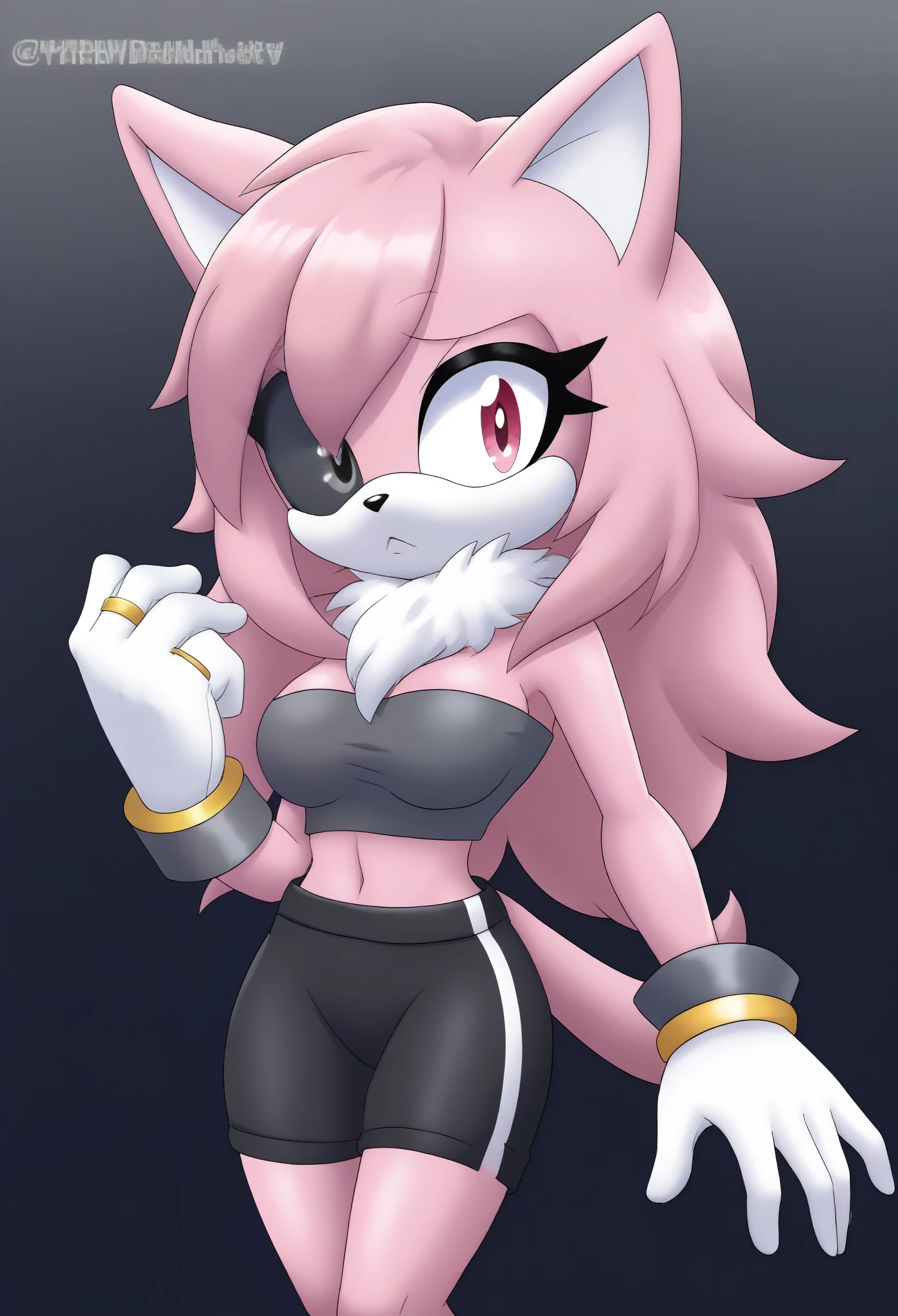 (1girl), (solo), Female Cat, pink fur, blonde hair, long hair, lower back length hair, large hair bangs, (side locks/quills over shoulders), red eyes, red patches of fur around eyes, (medium breasts), (small tuft of white chest fur around the neck area), (gray tube top), ((black yoga shorts)), white gloves with gold ring cuffs, eyelashes, tough expression, daytime, mobian, mobius city