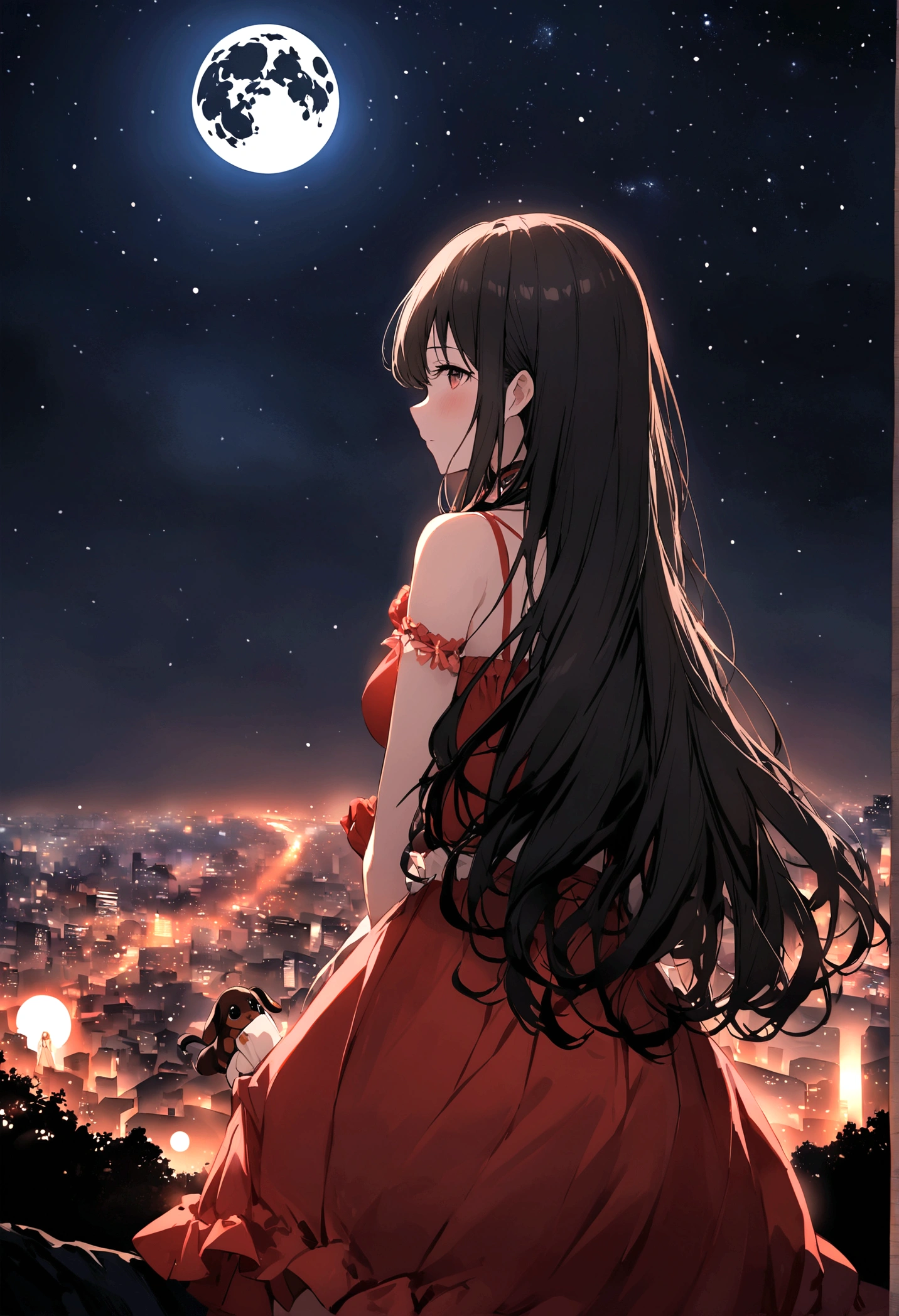 Dog 1、Woman 1、Red miniature dachshund、Red miniature dachshund long hair、dog'color is red、woman with very long black hair、Spectacular views、Night Scene、The view from the top of the hill、Full moon night sky、swirling starry sky、8K、Best Quality、詳しいdogの顔、The woman is facing the opposite direction、Ria、I can't see a woman's face、The whole body is in the photo、Like the night view of Tokyo、The woman is wearing a miniskirt and her underwear is visible.
