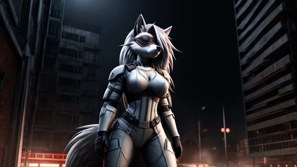 Loona from Helluva Boss, female white wolf, anthro, mature adult, fluffy short white hair, blindfold, white plated combat bodysuit, she is blind, standing, serious, detailed, solo, beautiful, high quality, 4K