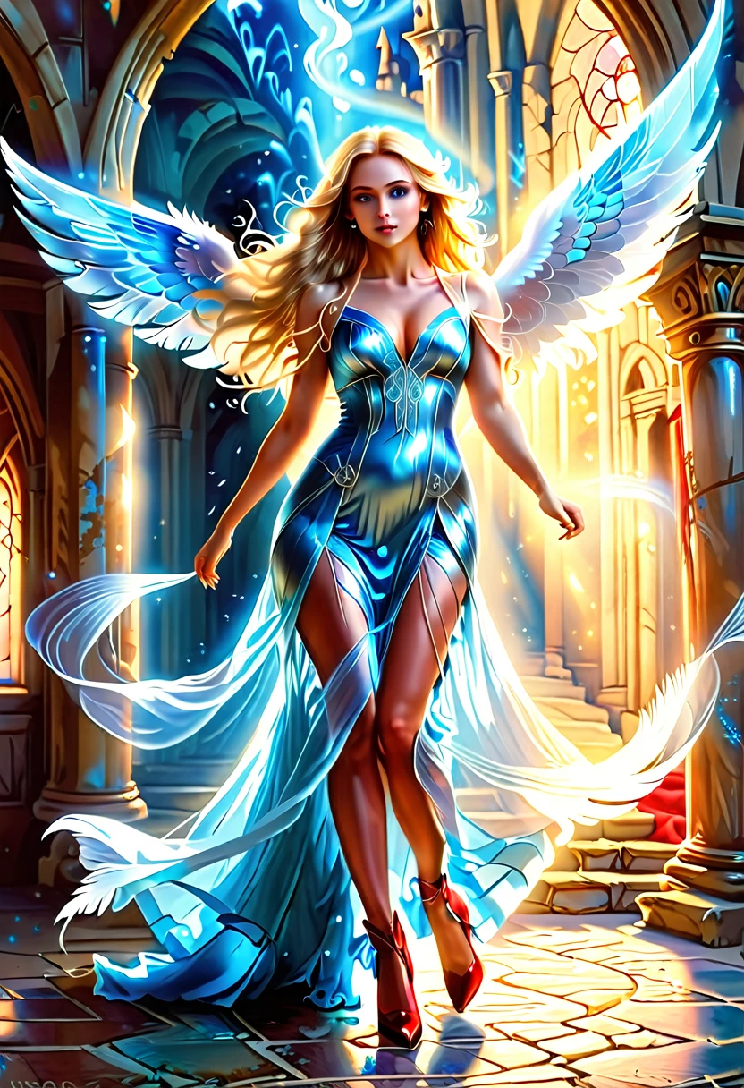 Arafed, a picture of a female angel in high society prom event, divine beautiful female angel, blond hair, long hair, flowing hair, the hair glows in a soft light, cerulean eyes, deep light eyes, divine beautiful face, folded white feather wings, she wears a ((red evening dress: 1.2)), elegant, intricate detailed dress, silk dress, she wears elegant knee high heeled boots, exquisite high heeled boots, she stands on the porch of a fantasy castle, dynamic angle, soft torch light, (Masterpiece: 1.5), 16k, highres, best quality, high details, ultra detailed, masterpiece, best quality, (extremely detailed), AngelStyle, GlowingRunesAI_paleblue, angel_wings