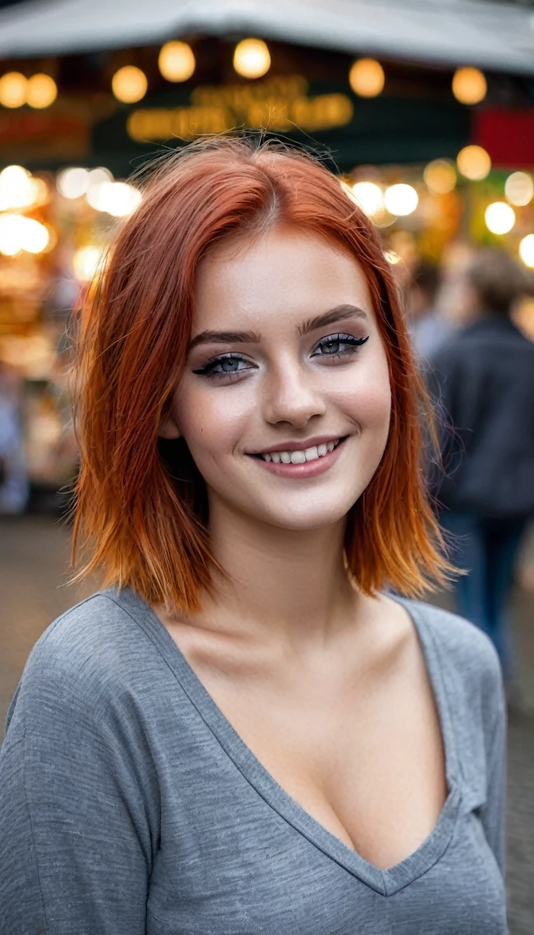 Portrait of a beautiful 18-year-old woman, rote bob haare, dark eye makeup with eyeliner, beautiful Germans, grey longsleeve shirt and skinny jeans, in der stadt, (heller markt, helles und lebendiges Licht: 1.2), shy smile, busty, tanned, soaky wet skin, nsfw
