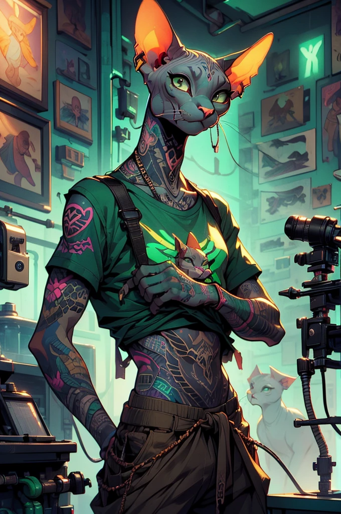 A male sphinx cat with detailed tattoos all over its body, wearing baggy green t-shirt with baggy brown pants, white eyes, slim physique, high-quality 8k, comic style, hyper-detailed, sharp focus, studio lighting, cinematic dramatic lighting, neon color palette, neon lighting, cyberpunk, digital art