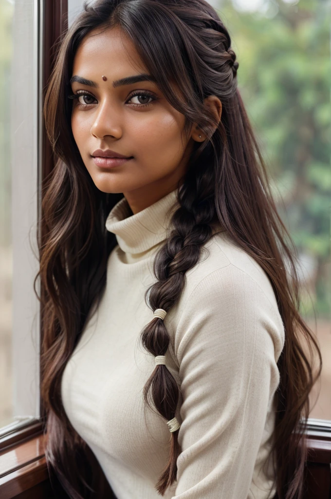 Beautiful ,young Indian girl healthy, confidential looking,dark brown hair,fair skin, indian,long hair, innocent face, natural wavy hair, best quality, intricate details, highly detailed, sharp focus, texture, detailed eyes, professional, charming smile, shot on Canon, 85mm, shallow depth of field, kodak vision color, perfect fit body, roughness, real life, ultra realistic, photorealism, photography wearing Maroon turtleneck top,  braid|Pensive look| Window seat view