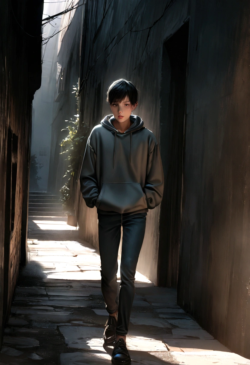 a 20 year old male slender person wearing a hooded sweatshirt and pants, walking with head down passing through a dark alley, shy, thin build, not average height, detailed facial features, beautiful eyes, beautiful lips, photorealistic, 8k, high quality, masterpiece, chiaroscuro lighting, moody atmosphere, cinematic composition