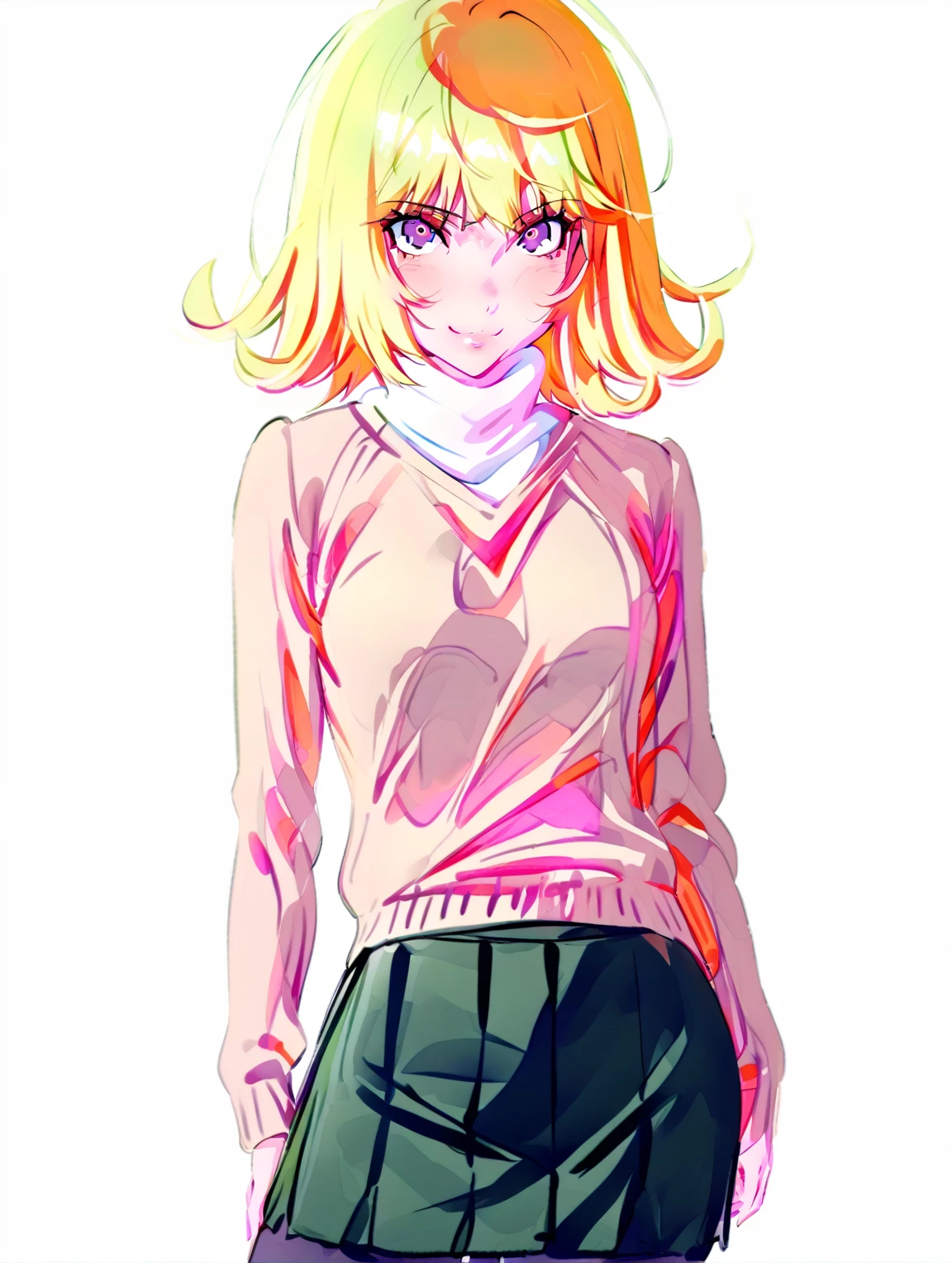 {{{sincos (sincos), no human, full body}}}, 1 girl, beautiful face, smiling, curly blonde hair, showing her peaking panties through skirt, skirt, sweater, looking at viewer.