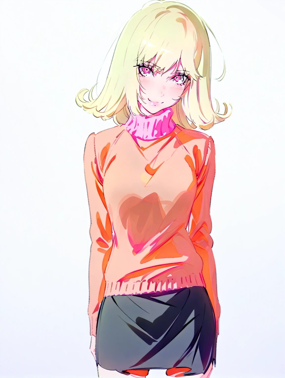 {{{sincos (sincos), no human, full body}}}, 1 girl, beautiful face, smiling, curly blonde hair, showing her peaking panties through skirt, skirt, sweater, looking at viewer.