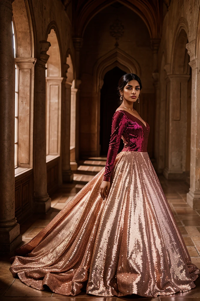 South asian girl in a renaissance castle. She is wearing a long sequins rose gold ball gown and burgundy velvet opera gloves. There is rose gold laces on the breast part of the dress and on the top of the gloves 