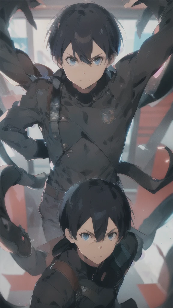 Half body portrait of a young man Has good muscles, brown hair, blue eyes, wears a plain black suit. There is a black Chinese male dragon with a mighty, serpentine body. Smoke