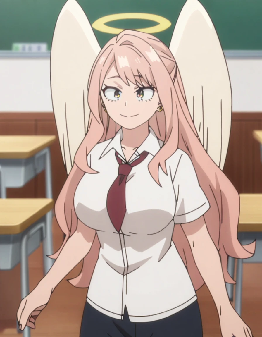 1girl, female focus, my hero academia screencap, boku no hero academia, pink hair, gold eyes, smiling, super long hair, cute, wearing white school shirt, red ribbon tie on shirt, in a classroom, cute gold earrings, bangs, big boobs, full body, large angel wings on back, halo
