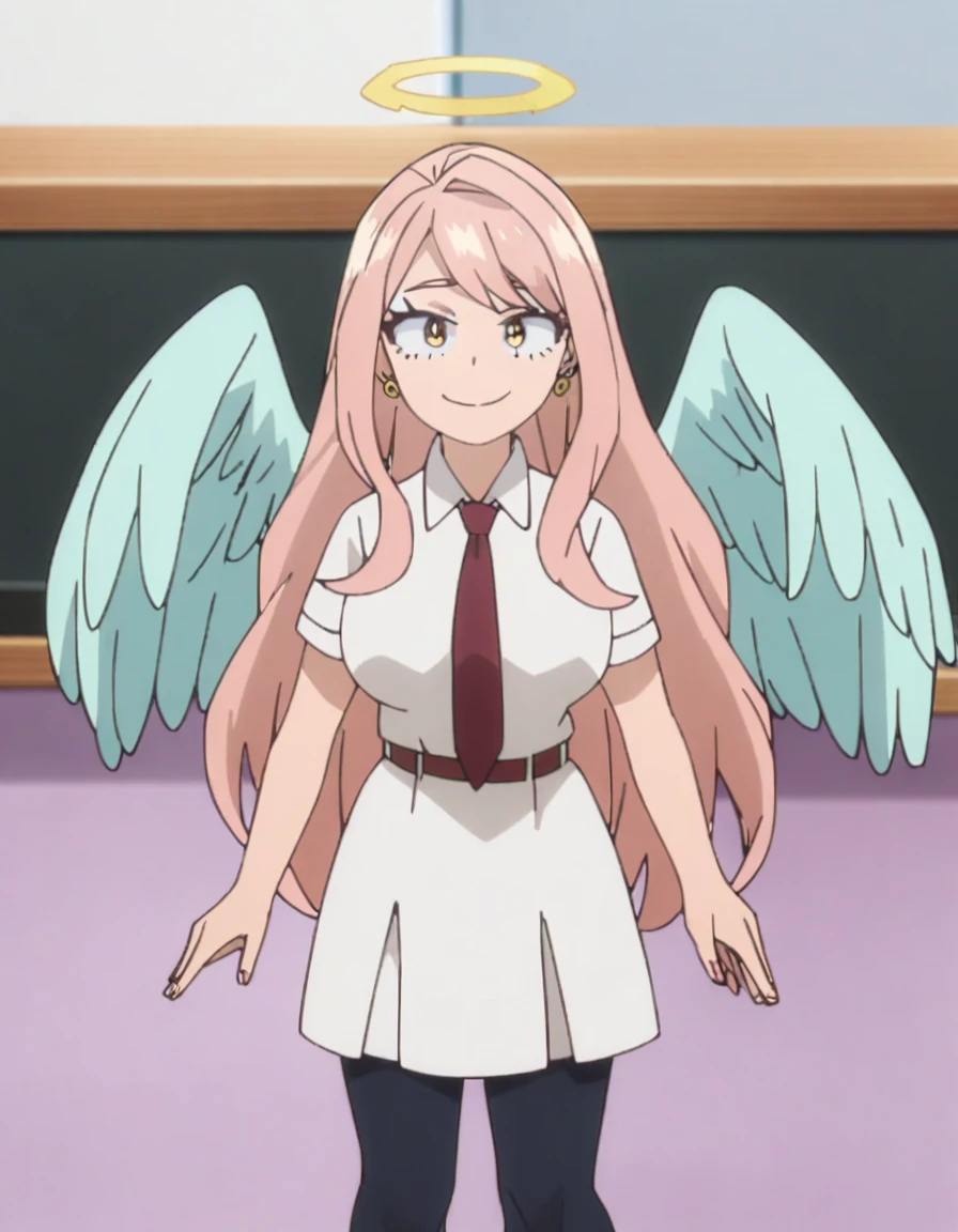 1girl, female focus, my hero academia screencap, boku no hero academia, pink hair, gold eyes, smiling, super long hair, cute, wearing white school shirt, red ribbon tie on shirt, in a classroom, cute gold earrings, bangs, big boobs, full body, large angel wings on back, halo
