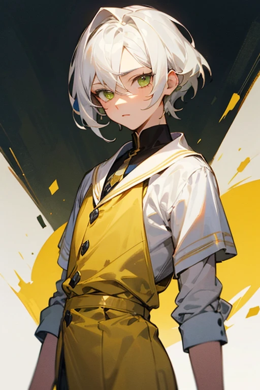 13 year old boy with white hair and yellowish green eyes, vestido como un noble