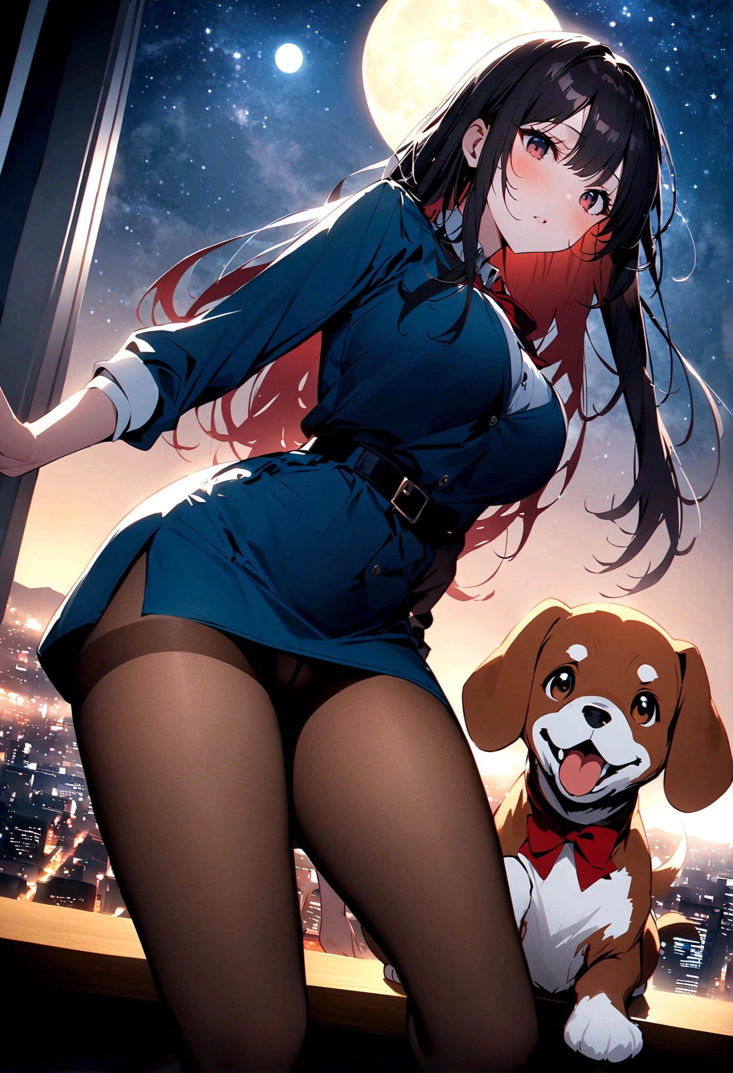 Dog 1、Woman 1、Red miniature dachshund、Red miniature dachshund long hair、dog&#39;color is red、woman with very long black hair、Busty women、Spectacular views、Night Scene、The view from the top of the hill、Full moon night sky、swirling starry sky、８K、Best Quality、詳しいdogの顔、The woman is facing the opposite direction、Ria、I can't see a woman's face、The whole body is in the photo、Like the night view of Tokyo、The woman is wearing a miniskirt and her crotch is visible.、Pantyhose legs