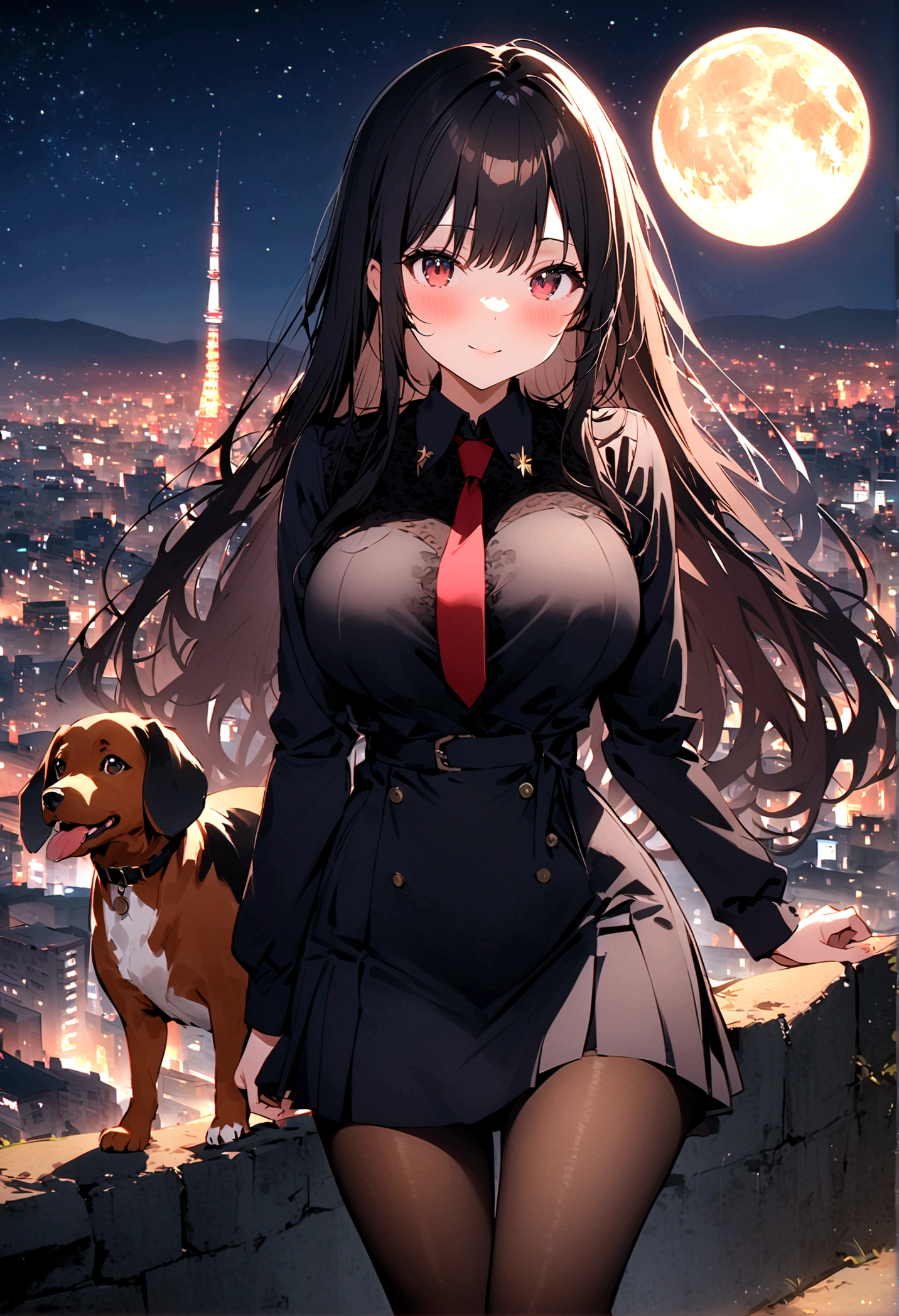 Dog 1、Woman 1、Red miniature dachshund、Red miniature dachshund long hair、dog'color is red、woman with very long black hair、Spectacular views、Night Scene、The view from the top of the hill、Full moon night sky、swirling starry sky、8K、Best Quality、詳しいdogの顔、The woman is facing the opposite direction、The whole body is in the photo、Like the night view of Tokyo、The woman is wearing a miniskirt and her underwear is visible.、The cleavage is visible、thin black pantyhose、Pantyhose5Denier、Women have big breasts、Large areola
