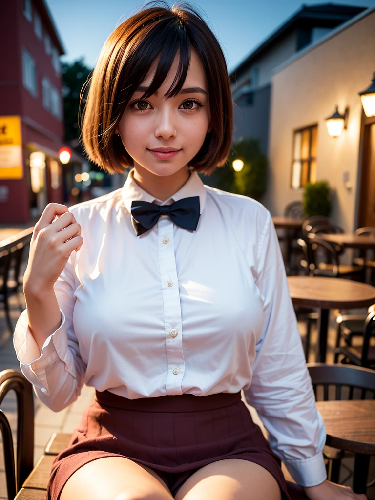 (8k, RAW photo, best quality, masterpiece:1.2), (realistic, photo-realistic:1.37), ultra-detailed,
1 girl,cute, solo,beautiful detailed sky,detailed cafe,night,sitting,dating,(nose blush),(smile:1.1),(closed mouth),large breasts, seductive smile, large aparture, professional lighting, Sony A7R4, Zessie 50mm F1.8,
medium breasts,beautiful detailed eyes,(collared shirt:1.1), bowtie,pleated skirt,(short hair:1.2),floating hair