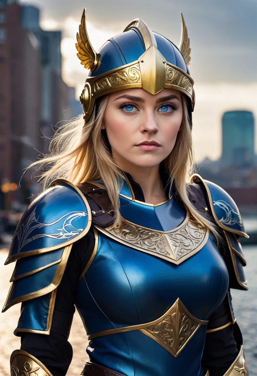 A  blonde woman, blue eyes, pretty face, full face. medium length straight hair over one shoulder. she wears dark blue armor with gold trim, and a (norse helmet with wings, nose guard:1.3), deep vneck, exposed cleavage, intricate details, armored glove. she stands straight backed, hands on hips. a stern expression on her face. city background. emphasize her powerful stance and command of lightning. (highres:1.3) (4k,8k,best quality, masterpiece)