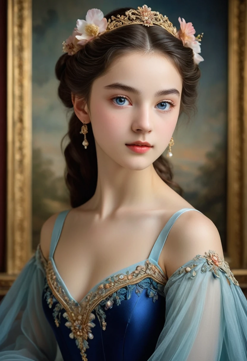 (highres,masterpiece:1.2),(realistic:1.37)"(best quality, highres, ultra-detailed, realistic),beautiful 19th-century portrait of a 16-year-old French ballet dancer, (She is half French and half Japanese, and is a stunning beauty with dark blue eyes and a high nose:1.1), elaborate ballet costume, detailed facial features, long graceful neck, flowing locks of hair, poised and elegant posture, soft and delicate lighting, classic oil painting medium, vibrant colors, subtle background with floral motifs", dreamy atmosphere, Surrealism,mystical aura