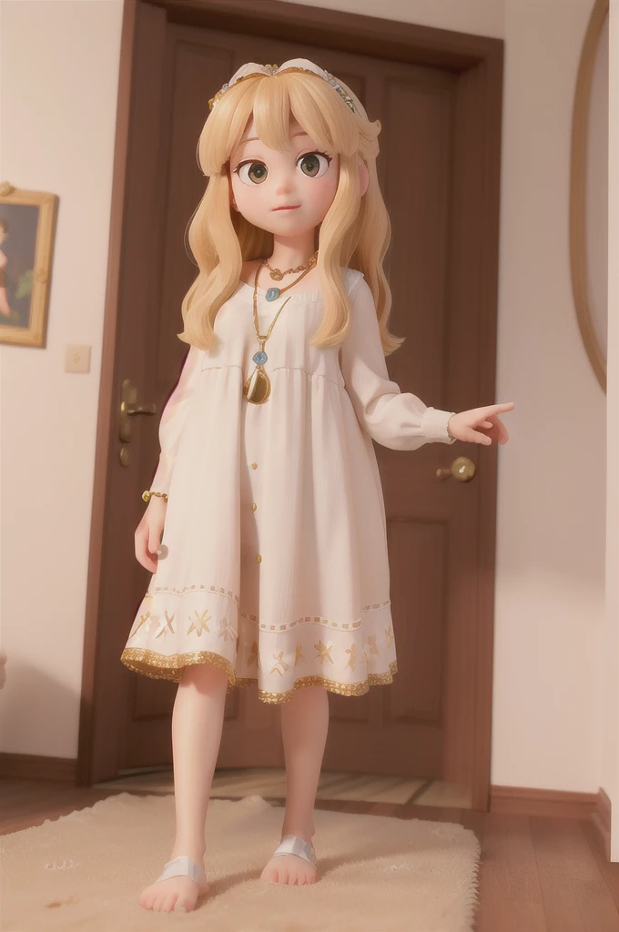 ((best quality,8K,Masterpiece)) (1 girl)) there is a with golden hair with beautiful and big brown eyes with white sparkles, she is in her room, and next to her there is a portal that leads to a new world, the is wearing a necklace that you can see is special