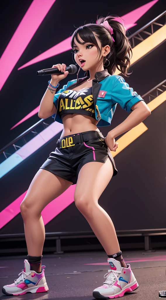 (high resolution:1.2),ultra detallado,realista,Sharp focus,vistoso,paredes cubiertas de graffiti,chica rapera artista callejera,ropa vibrante,Cantante de hip hop,cantando apasionadamente,energy efficiency,street art backdrop,urban atmosphere,escena callejera bulliciosa,ajetreo y bullicio,expresiones faciales expresivas,dynamic pose,accesorios originales,Handheld microphone,confident stage presence,attention-grabbing fashion style,unique street style,vida nocturna de la ciudad,neon lights illuminating,cultura de la moda callejera,youthful energy,multitud gritando,vibras positivas,Cultura Hip-Hop,escena musical urbana,fusion of music and art.,zapatillas con estilo,cultura del graffiti urbano,calles salpicadas de pintura,escaparate de talento urbano,vivid colors,Stunning images,alto energy efficiency,Electric atmosphere,musical expression,Estilo de vida urbano