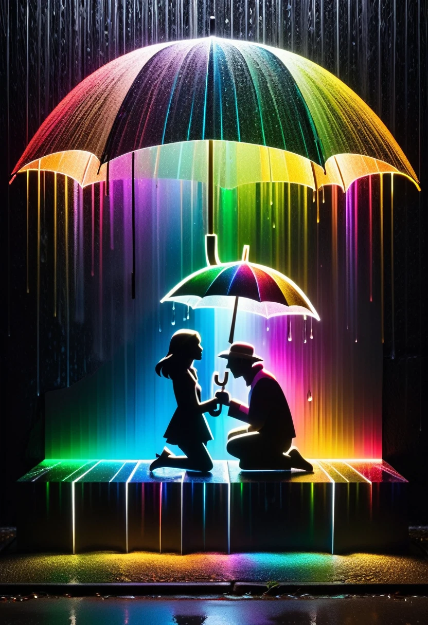 Crystal lighting effect colorful small stome made of The lighting is combined with the human-shaped bunchy layer of fretsaw , and the shape of a kind and tender scene of a man who accidentally brings an umbrella to a girl who is sitting sadly in the rain is intricately created with the thin lines of light.background the gloosy black wall.