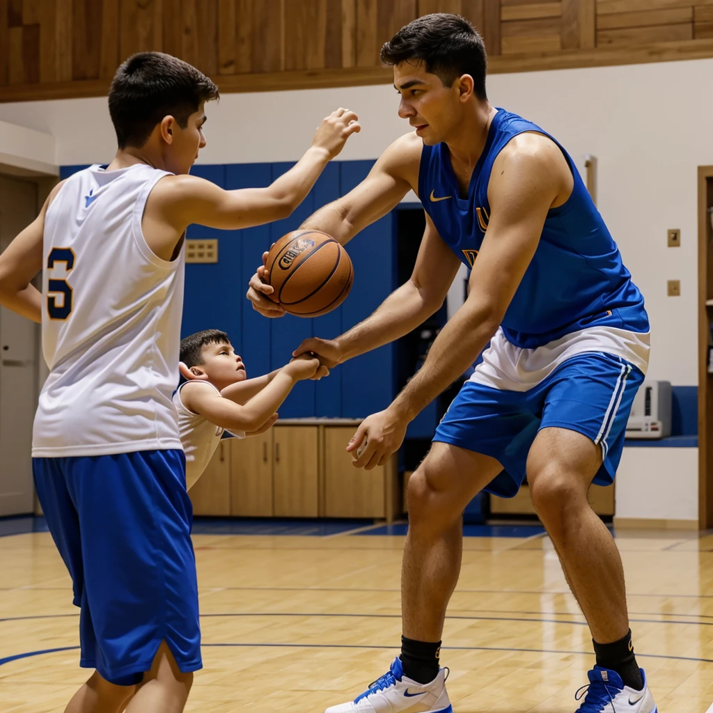 padre cargando a su hijo en los hombros, el hijo sostiene una pelota de basquet