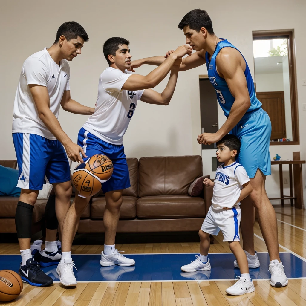 padre cargando a su hijo en los hombros, el hijo sostiene una pelota de basquet