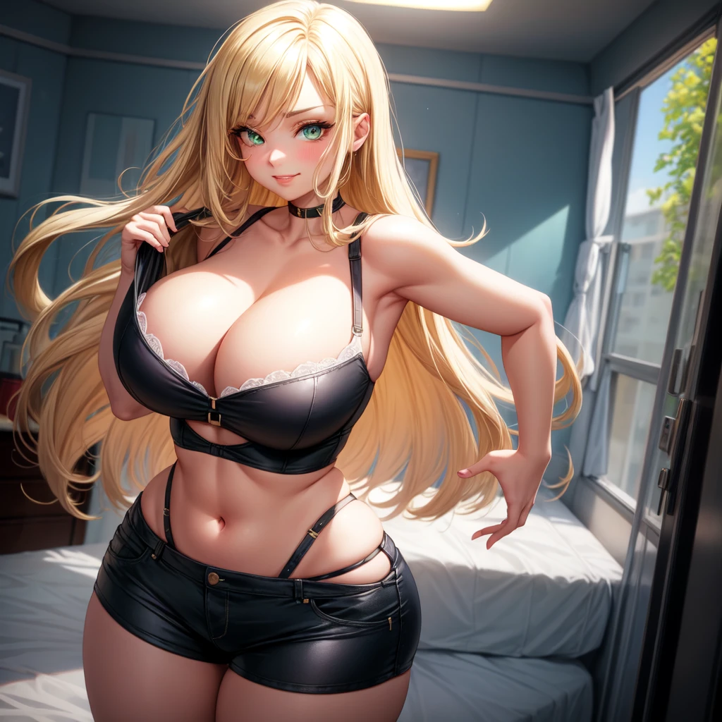 Girl standing alone, solo, by herself, Big round breasts, trendy, stylish, clevage, thighs, hips, realistic, blonde hair, light green eyes, amazing big eyes, eye details, eyebrow details, bra, shorts, big lips, blush, confident, dominant, bdsm, smirk, naughty, mischevious face, HD, good quality, crop top, curvy, standing up, bedroom,
