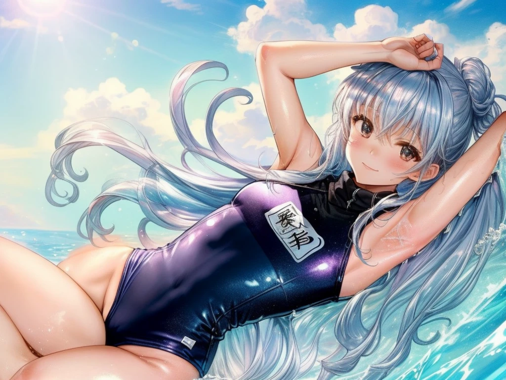 Best image quality, 8k, high quality, ((masterpiece)), (High detail), (((Perfect Anatomy, Perfect Style))), Depth of written boundary, Open Stance, (high school girl、 ), (Cute illustrations:1.2), (Shortcuts、 Multiple girls with different hair styles:1.2), (Three Girls), (Beautiful light, Professional Lighting), (One piece turtleneck competitive swimsuit), Dynamic pose, Smiling and playing ball, Dynamic Angle, ((Armpits:1.2)), barefoot, Angle showing crotch from below、 My whole body is wet、cloud, blue sky, Outdoor、Pool、