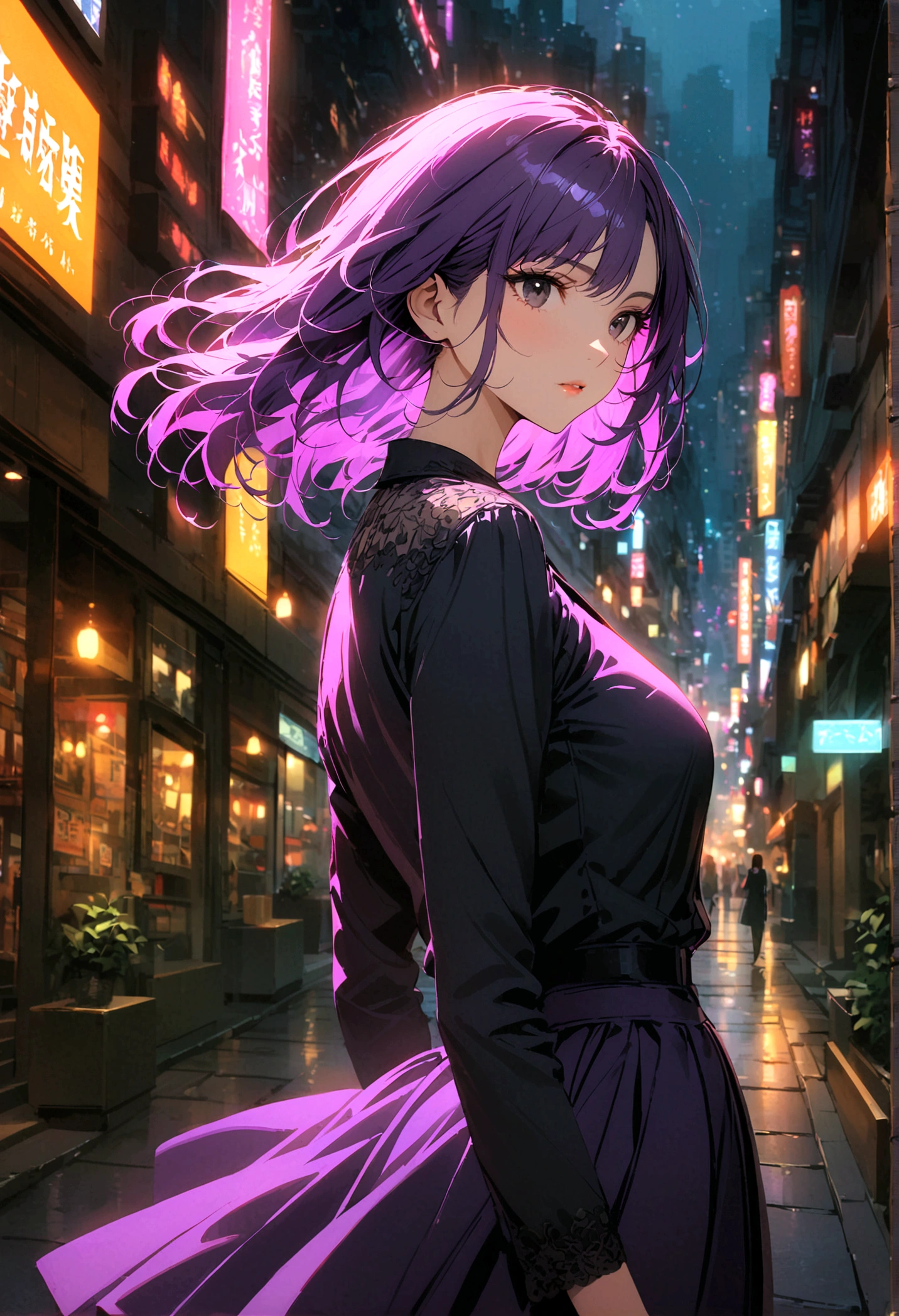 A woman with purple hair, black eyes, plain clothes stands alone in the middle of the city at night.