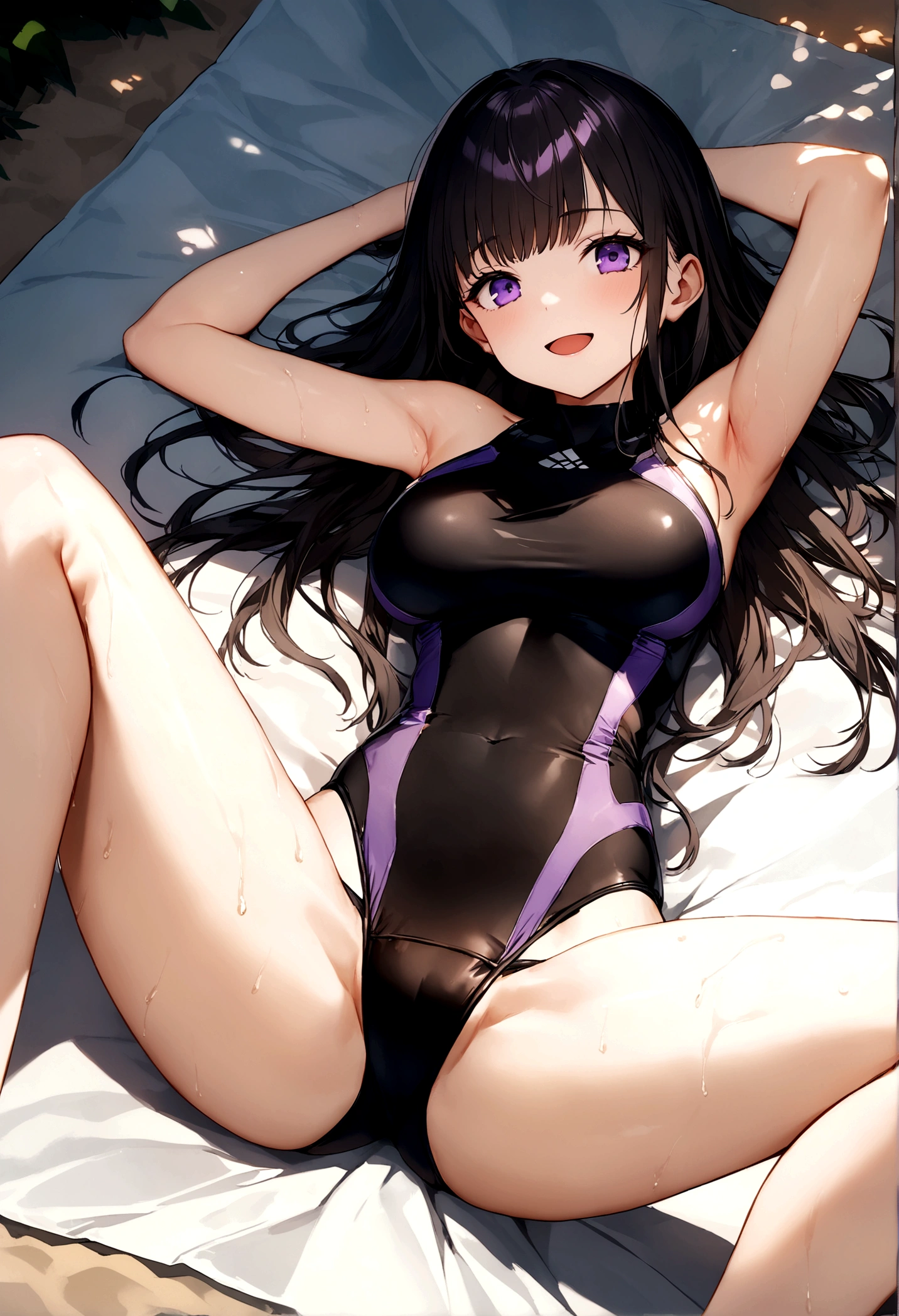 32k, best quality, ultra high res, HDR, UHD, extremely detailed CG, unity 32k wallpaper, very cute, , 1 person, Purple eyes, ((black competitive swimsuit)), Beach, black long hair, (large breasts), (Laugh shyly), ((Lie down on a picnic sheet)), (((Spread your legs wide))),