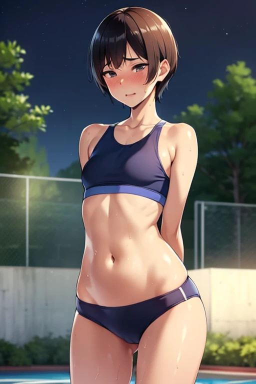 NSFW,(highest quality:1.2),(perfect beautiful face:1.2),(perfect and beautiful posture:1.2),(Solo,Japanese mature woman),(short cut hair,flat chest:1.2), (confused,embarrassed:1.3), shyness:1.1, (Sweaty, sunburned skin:1.0), ((sweaty wet sports bra),sweatey wet Sporty panties), close-up of armpit, mouth open sloppily,Drooling,(outside,night park:1.3),navel out