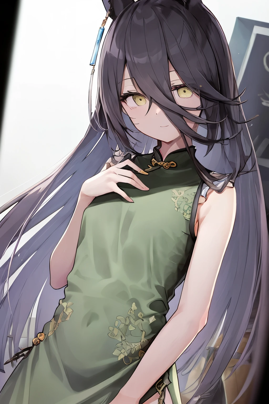 (Tabletop.Highest quality).(Dynamic Angle). (CG paintings with impressive detail),(Perfect Image)、Comic Strip.shape.Small breasted girls.Detailed face、Perfect Face.Delicate face、China dressを着た貧乳少女、((繊細なChina dressを着た胸の小さな女の子))、Rough skin、Long black hair、(Umamimi Girl)Umamimi Girl、((Beautiful yellow eyes)).繊細でBeautiful Eyes、Beautiful Eyes、Reflected Eyes、smile.(Looking at the audience:1.3).(Face is a little red:0.8)、8k wallpaper、Cowboy Shot、reflected light、Most detailed、Complex、Delicate background、Rough skin、Fine skin、(Super Resolution)、(China dress)、usually、China dress、China dress、China dress、Best Dressed、Light background