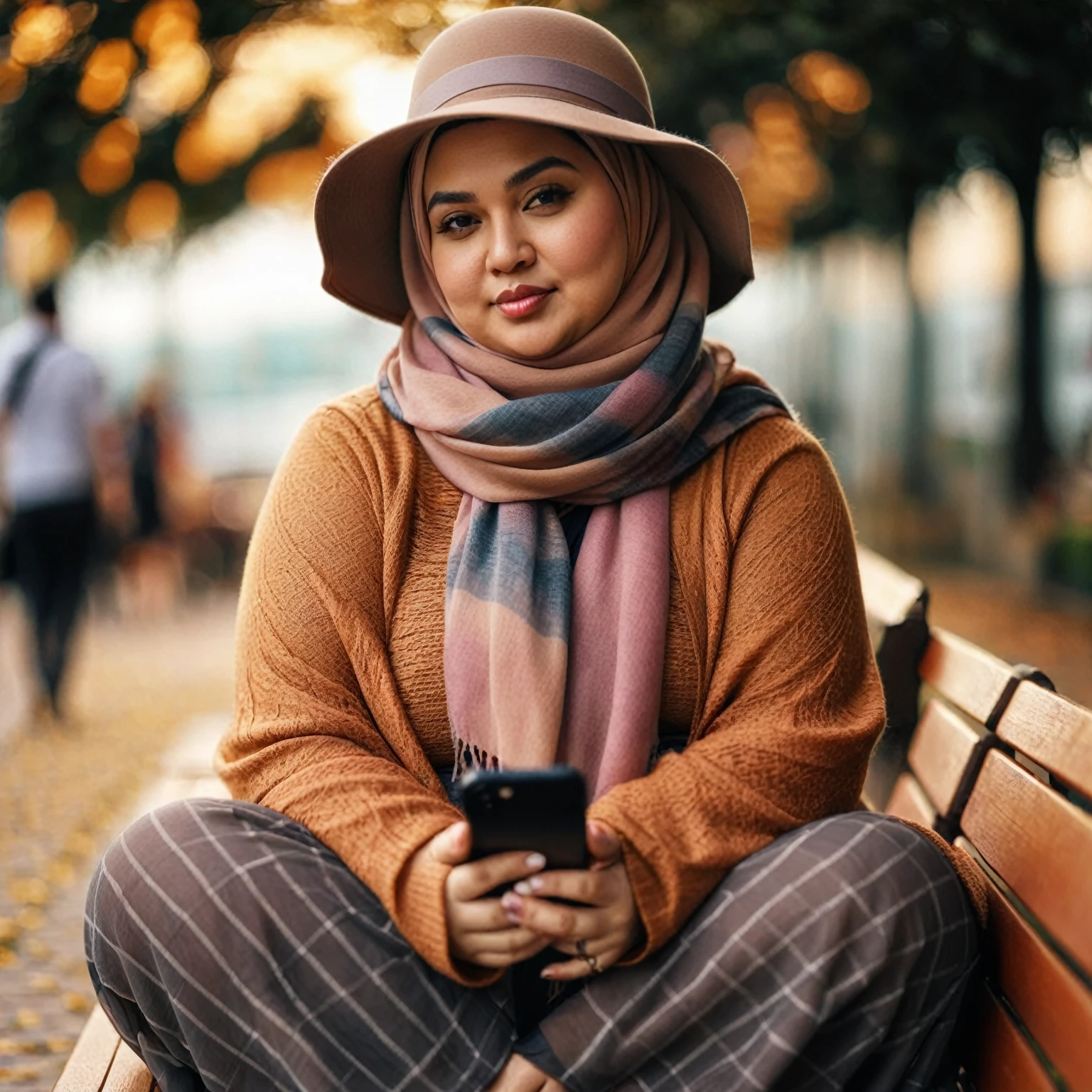 a chubby woman sitting on a bench wearing a hat and scarf, hijab, Taken using iPhone15 Pro Max Camera, bokeh, profile picture 1536px, vibrant, photorealistic, high quality