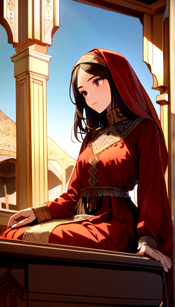 a young beautiful indonesian girl sitiing on the desk with islamic gamis in dessert background
