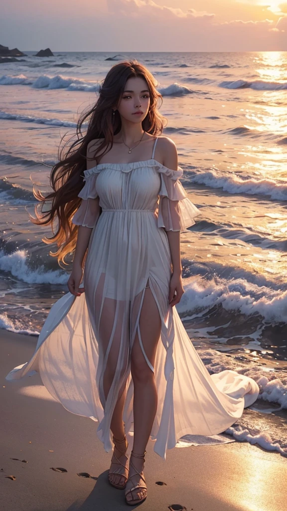 Create a stunning digital painting of a young woman with long, wavy hair standing on a beach at sunset. She is wearing a flowing white dress that catches the gentle breeze. The sky is ablaze with hues of orange, pink, and purple as the sun sets over the horizon. The ocean waves are softly crashing in the background. The woman's expression is serene and contemplative as she looks out over the water. The warm, golden light of the setting sun bathes her in a soft glow, highlighting her delicate features.