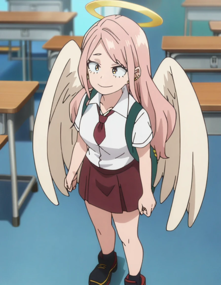 1girl, female focus, my hero academia screencap, boku no hero academia, pink hair, gold eyes, smiling, super long hair, cute, wearing white school shirt, red ribbon tie on shirt, in a classroom, cute gold earrings, bangs, , full body, large angel wings on back, halo, short skirt