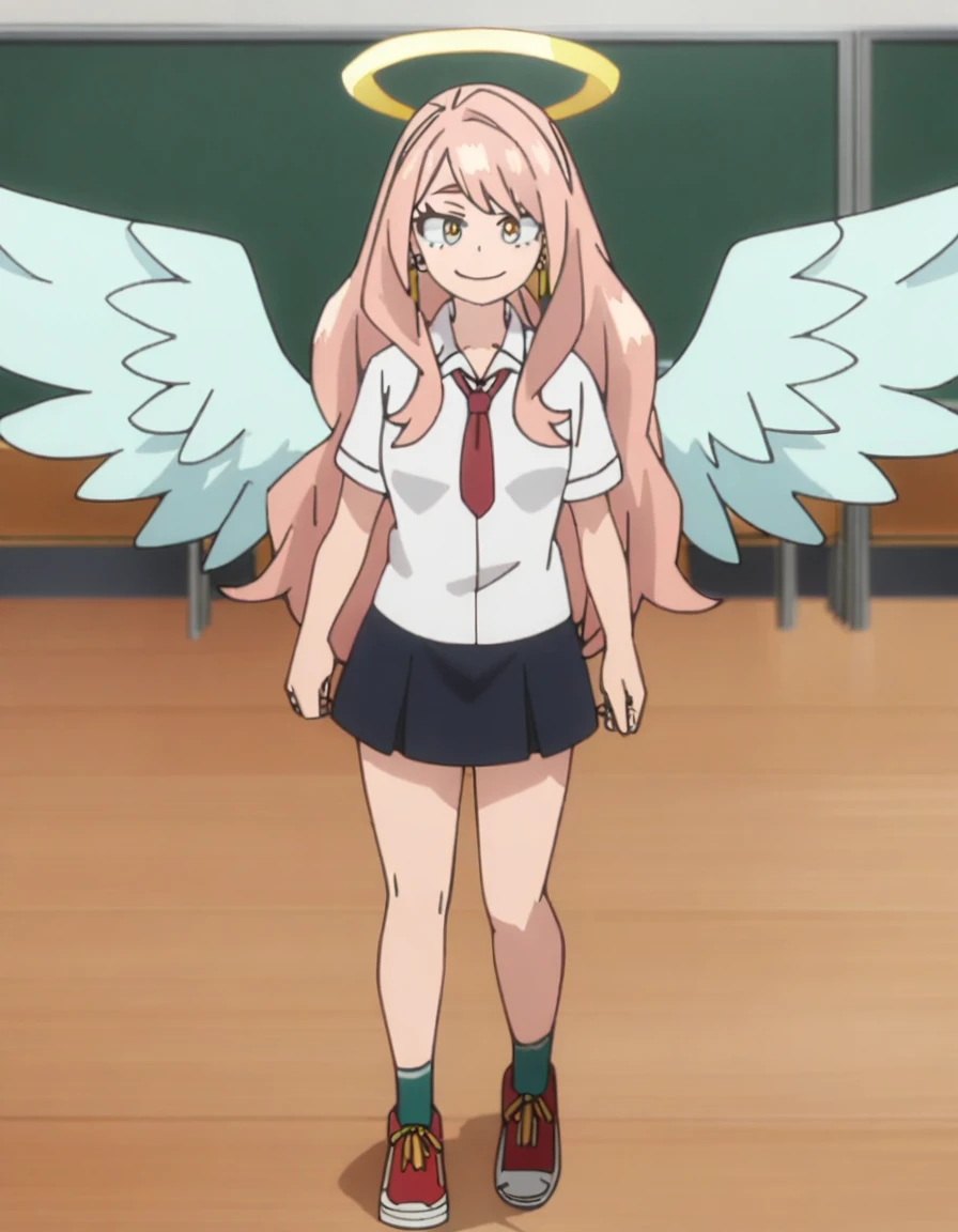 1girl, female focus, my hero academia screencap, boku no hero academia, pink hair, gold eyes, smiling, super long hair, cute, wearing white school shirt, red ribbon tie on shirt, in a classroom, cute gold earrings, bangs, , full body, large angel wings on back, halo, short skirt
