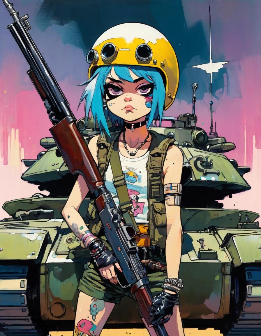 tank girl character, military helmet, piercings, shotgun, in a tank, (art inspired by Skottie Young and Bill Sienkiewicz). oil painting)