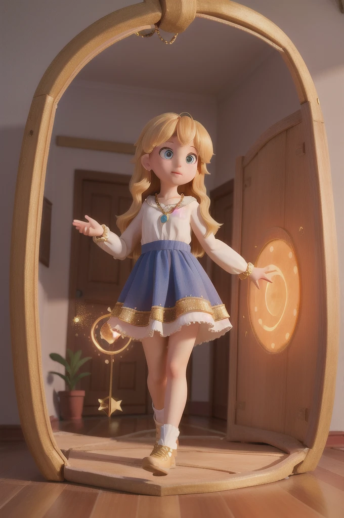((best quality,8K,Masterpiece)) (1 girl)) there is a  with golden hair with beautiful and big brown eyes with white sparkles, she is in her room, and next to her there is a portal that leads to a new world, the is wearing a necklace that you can see is special
