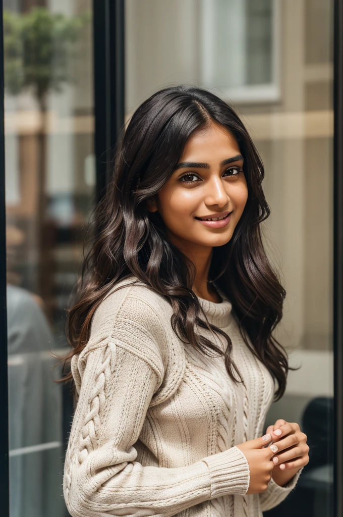 Beautiful ,23 years young Indian girl healthy, confidential looking,8k,realistic, raw photo,dark brown hair,fair skin, indian,long hair,clear facial features,, very detailed, 23years old, innocent face, natural wavy hair, high resolution, masterpiece, best quality, intricate details, highly detailed, sharp focus, detailed skin, realistic skin texture, texture, detailed eyes, professional, 4k, charming smile, shot on Canon, 85mm, shallow depth of field, kodak vision color, perfect fit body, extremely detailed, foto_\(ultra\), photorealistic, realistic, post-processing, maximum detail, roughness, real life, ultra realistic, photorealism, photography, 8k uhd, photography wearing Cable knit sweater dress, scrunchie wristlet, touching hair|Gentle smile|cafe window