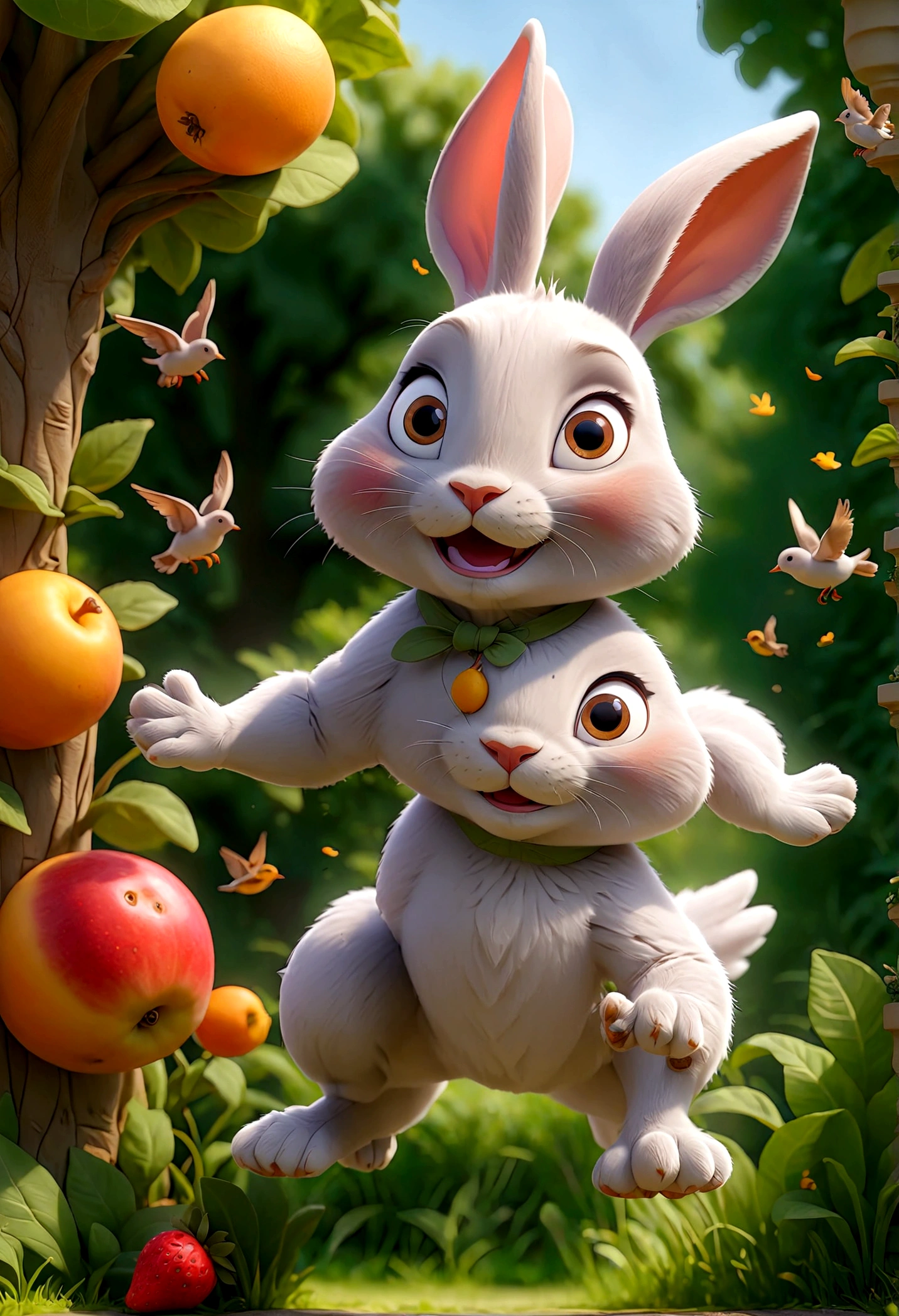 a walking and jumping among animals, rabbit, birds in a beautiful garden with green trees and fruits and flowers