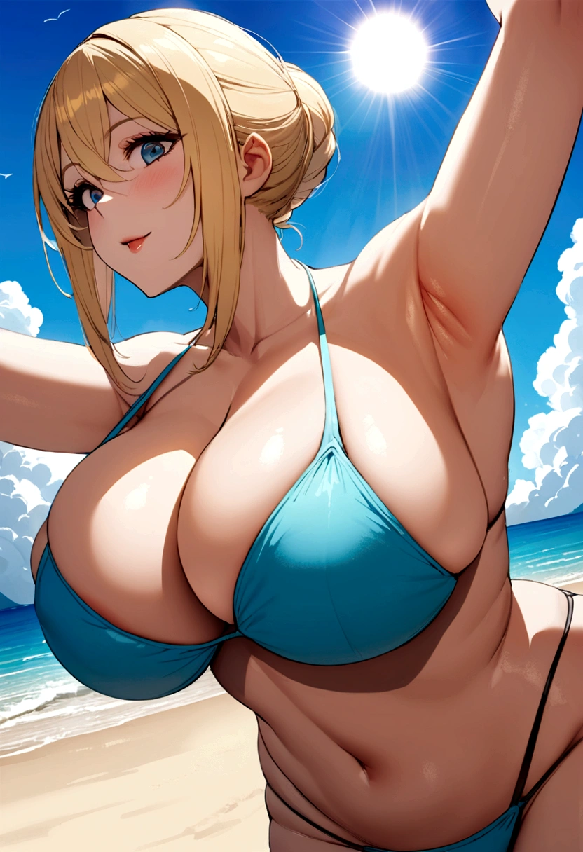 Giant breasts real blond women, big but, bikini, beach, sun, light blue sky