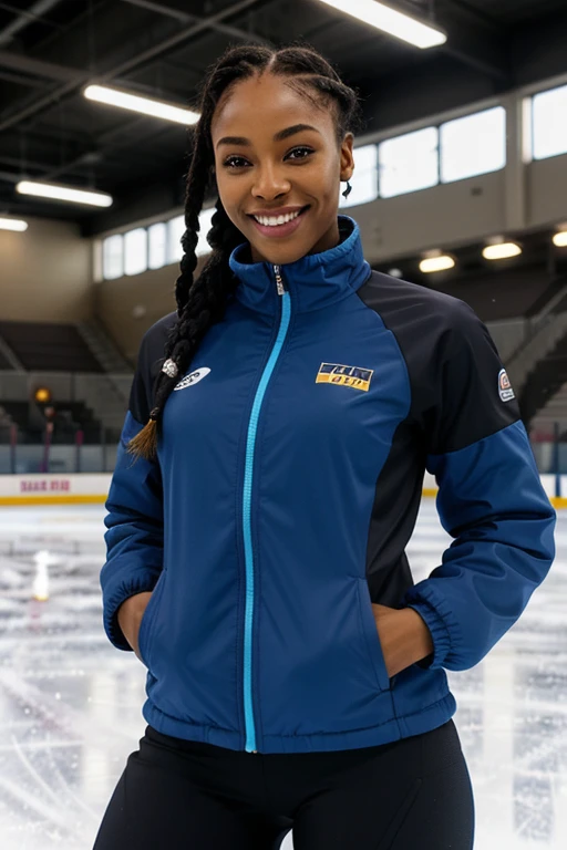 Black woman, long box braids, dark eyes, very dark skin, smiling, figure skater, female figure skater, wearing a bright blue jacket, ice rink background
