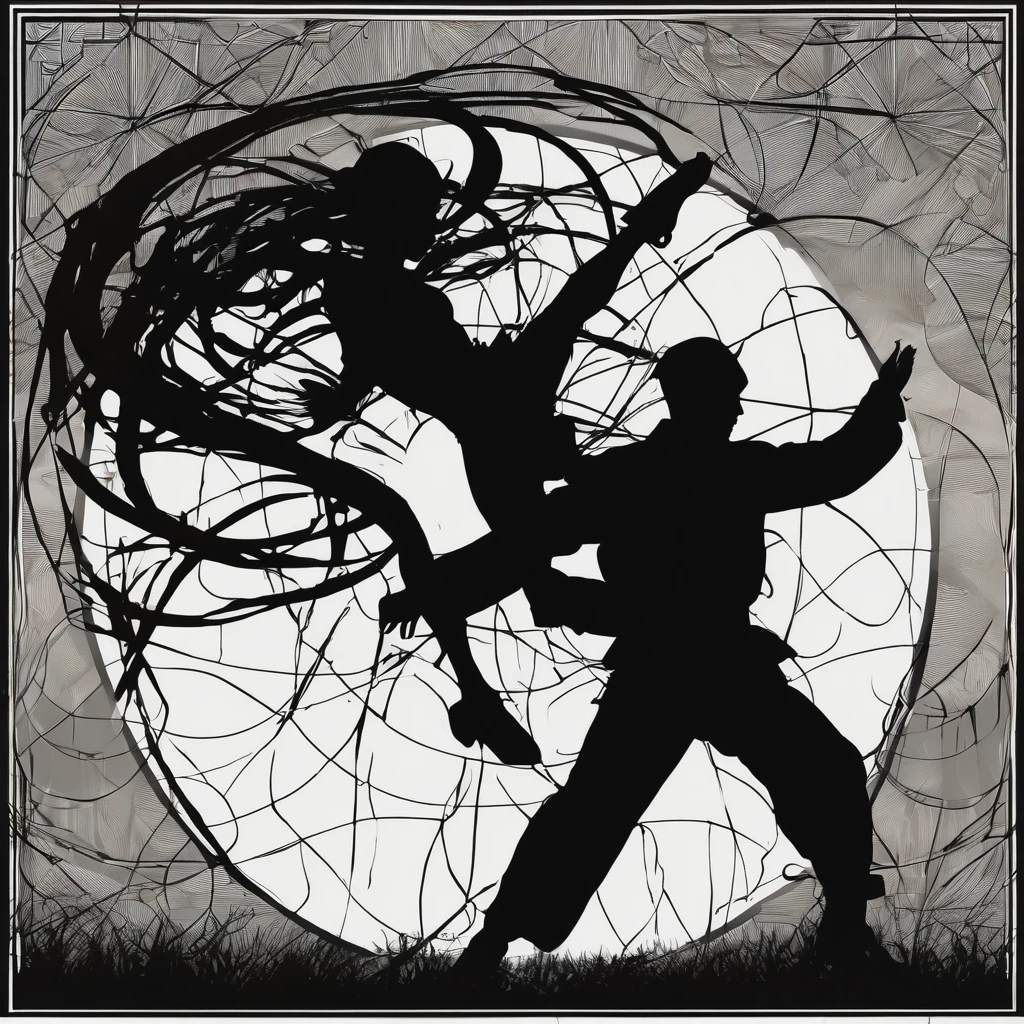 "Illustration d'une silhouette de combattant d'arts martiaux en plein mouvement. La silhouette est en position dynamique, executing a spinning kick with power and grace. The fighter is frozen at the peak of his movement, avec une jambe tendue haut dans les airs, while the other leg is bent under him. Le torse est légèrement penché vers l'avant pour maintenir l'équilibre. Les bras sont positionnés pour accompagner le mouvement, l'un en protection devant le visage, the other balanced behind. L'attention est portée sur les lignes fluides et les courbes qui capturent l'énergie et la force du mouvement. The background is simple and contrasting to highlight the silhouette, peut-être avec des éclats de lumière ou des traits suggérant la vitesse et la puissance du coup. Les couleurs sont principalement en noir et blanc, with subtle shadows to give depth and dynamism to the silhouette."