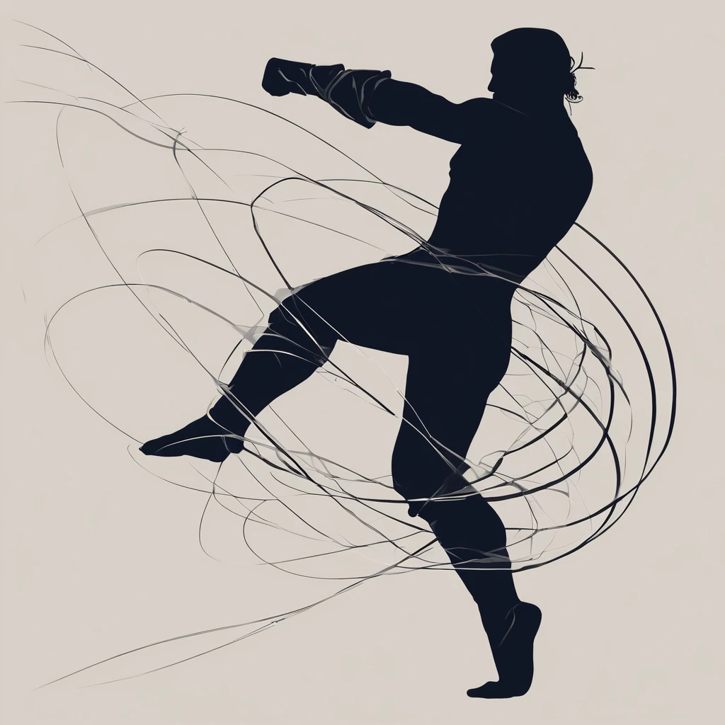 "Illustration d'une silhouette de combattant d'arts martiaux en plein mouvement. La silhouette est en position dynamique, executing a spinning kick with power and grace. The fighter is frozen at the peak of his movement, avec une jambe tendue haut dans les airs, while the other leg is bent under him. Le torse est légèrement penché vers l'avant pour maintenir l'équilibre. Les bras sont positionnés pour accompagner le mouvement, l'un en protection devant le visage, the other balanced behind. L'attention est portée sur les lignes fluides et les courbes qui capturent l'énergie et la force du mouvement. The background is simple and contrasting to highlight the silhouette, peut-être avec des éclats de lumière ou des traits suggérant la vitesse et la puissance du coup. Les couleurs sont principalement en noir et blanc, with subtle shadows to give depth and dynamism to the silhouette."