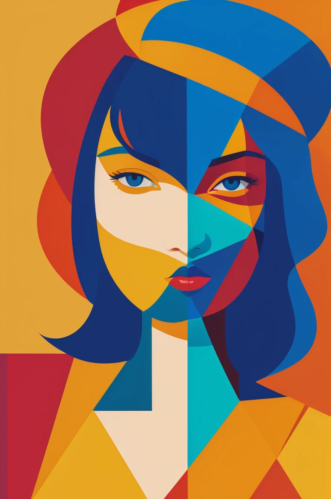 "Create a vibrant and abstract digital portrait of a woman using bold geometric shapes and bright, contrasting colors. The artwork should feature a harmonious interplay of warm and cool tones, with a focus on red, yellow, blue, and orange. The woman's face should retain a realistic semblance amidst the abstract surroundings, with expressive eyes and soft facial features. Integrate dynamic, flowing shapes in her hair and clothing, and include elements like lines and blocks to give a sense of structure and complexity. The background should complement the figure with geometric patterns and a modern, artistic vibe."

---

With these details, you should be able to recreate the artistic style of the given image.